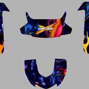 May include: A set of colourful, abstract graphics with flames and the text "Can-Am" for a vehicle wrap.