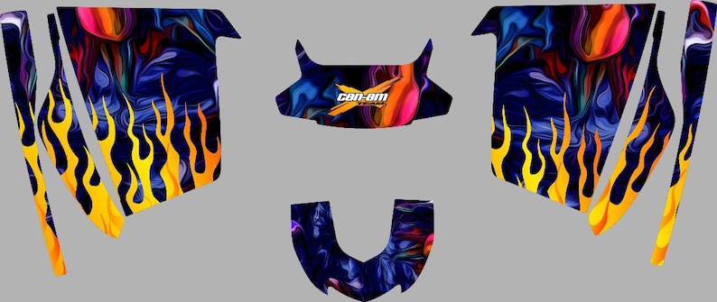 May include: A set of colourful, abstract graphics with flames and the text "Can-Am" for a vehicle wrap.