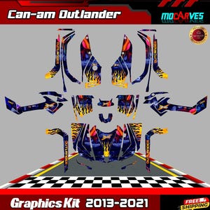 May include: Graphics kit for a Can-Am Outlander ATV. The kit features a blue, yellow and red design with flames and the words "Outlander" repeated on the graphics. The kit is designed for the 2013-2021 model years.