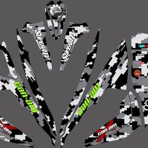May include: A set of black and white camouflage vinyl decals for a Can-Am Renegade ATV. The decals feature the Can-Am logo, SuperATV branding, and a Fox head graphic.