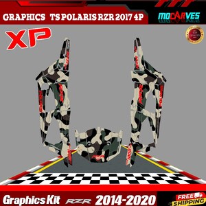 May include: A camouflage graphics kit for a Polaris RZR 2017 4P. The kit includes multiple pieces with a green, brown, and tan pattern. The text "POLARIS" and "1000" are visible. The kit is labeled "Graphics Kit RZR 2014-2020".