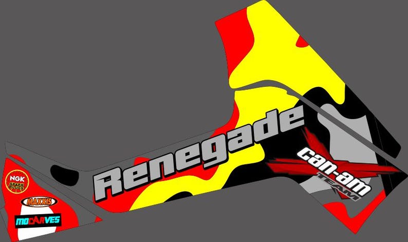 Puede incluir: Un dise&ntilde;o gr&aacute;fico rojo, amarillo y negro con el texto "Renegade" y "Can-Am Team" en gris. El dise&ntilde;o est&aacute; pensado para ser aplicado como una calcoman&iacute;a a un veh&iacute;culo.