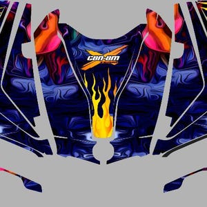 May include: A Can-Am Outlander ATV graphic kit featuring an abstract flame design in blue, yellow, orange and pink. The kit includes graphics for the front, sides and rear of the ATV.