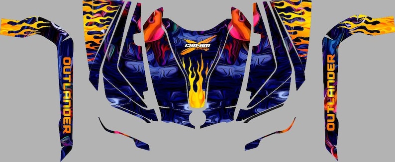 May include: A Can-Am Outlander ATV graphic kit featuring an abstract flame design in blue, yellow, orange and pink. The kit includes graphics for the front, sides and rear of the ATV.