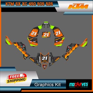 Könnte beinhalten: Ein Grafik-Kit für ein KTM SX XC 450 505 525 Motorrad. Das Kit enthält schwarze und orangefarbene Aufkleber mit dem KTM-Logo, der Nummer 21 und dem Text "450SX".