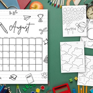 May include: A printable set of August themed planner pages. The pages include a calendar, a "Get to Know Me" page, and a "Mood Tracker" page. The pages are decorated with school-themed doodles.