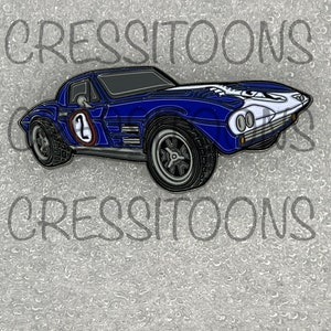 May include: A blue and white enamel pin of a vintage race car with the number "2" on the side. The car has a black interior and black wheels.