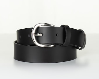 Black Full Grain Leather Belt for Women, 1.2 Inch Wide Classic Jeans Belt