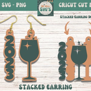 Vin du Nouvel An 2023 Boucles d’oreilles empilées SVG | Modèles en faux cuir | Boucle d’oreille Cricut SVG | Modèle de boucle d’oreille Cricut | Boucles d'oreilles empilées