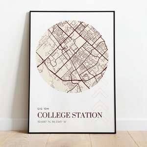 College Station Map Printable, TAMU, Dorm Decor, Office, Bedroom