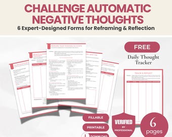 Challenge Negative Thoughts | 6-Page CBT Workbook Bundle | Anxiety Relief | Printable & Fillable | Pink