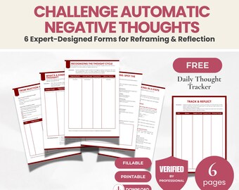 Challenge Negative Thoughts | 6-Page CBT Workbook Bundle | Anxiety Relief | Printable & Fillable | Maroon