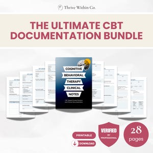 Könnte beinhalten: Ein CBT-Dokumentationspaket mit dem Text "THE ULTIMATE CBT DOCUMENTATION BUNDLE". Das Paket enthält druckbare klinische Notizen mit den Worten "COGNITIVE BEHAVIORAL THERAPY CLINICAL NOTES" auf dem Cover. Das Paket ist von einem Fachmann verifiziert und hat 28 Seiten.