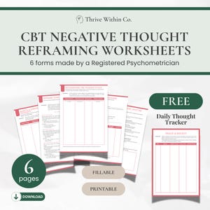 Negative Thought Reframing Worksheet PDF | CBT Printable | Cognitive Restructuring Tool for Anxiety, Depression, and Self-Talk | Pink