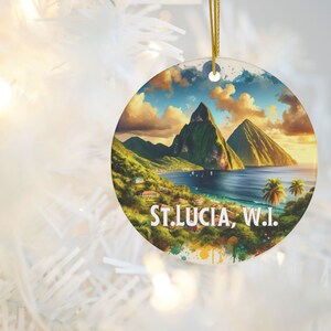 St Lucia Christmas Ornament, St.Lucia Pitons Souvenir Gift, Saint Lucia Caribbean Porcelain Ornament,West Indian Island Holiday Decoration