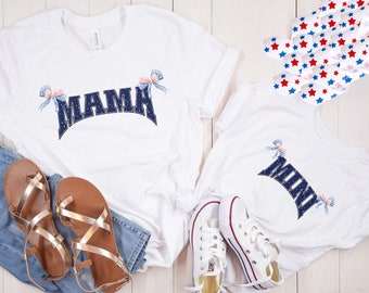 Coquette 4th Of July Mama and Me T Shirt, American Flag Coquette Bow Custom TShirt, Patriotic Kids Tee, Personalized Fourth July Name Gift