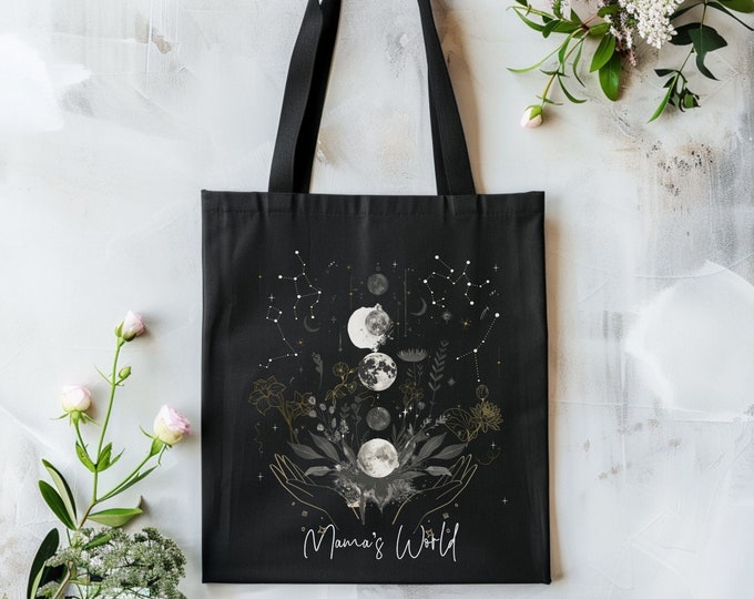 Custom Birth Flower Mama Totebag, Constellation Astrology Tote, Personalized Kids Zodiac Sign, Celestial Moon & Stars Bag, Mothers Day Gift