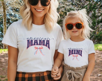 Coquette 4th Of July Mama and Me T Shirt, American Flag Coquette Bow Custom TShirt, Patriotic Kids Tee, Personalized Fourth July Name Gift