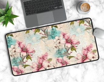Pink Floral Desk Mat, Flower Mousepad, Botanical Deskmat, Wildflower Garden Gaming Mouse Pad, Plant Keyboard Mat,Home Office Workspace Decor