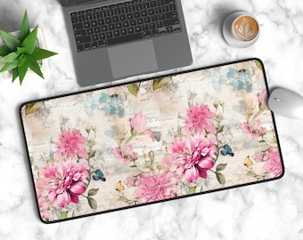 Pink Floral Desk Mat, Flower Mousepad, Botanical Deskmat, Wildflower Garden Gaming Mouse Pad, Plant Keyboard Mat,Home Office Workspace Decor