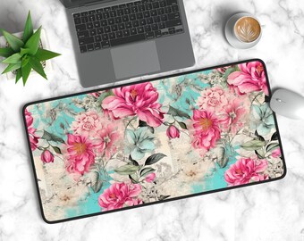 Pink Floral Desk Mat, Flower Mousepad, Botanical Deskmat, Wildflower Garden Gaming Mouse Pad, Plant Keyboard Mat,Home Office Workspace Decor