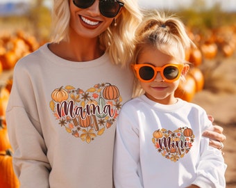 Fall Heart Mommy and Me Sweatshirt, Cottagecore Mama Hoodie, Matching Pumpkin Patch Outfit, Thanksgiving Sweater, Kids Fall Halloween Gifts
