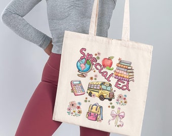 Special Education Teacher Coquette Canvas Tote Bag, Cute Bow SPED Tote Bag, Special Ed Book Tote, Teacher Aide Tote for Work, Bookish Gift