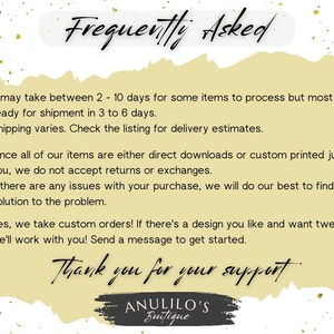 Puede incluir: Un fondo amarillo con texto negro que dice "Frequently Asked" y enumera varias preguntas frecuentes sobre el env&iacute;o, las devoluciones y los pedidos personalizados. El texto tambi&eacute;n incluye la frase "Thank you for your support" y el nombre "ANULILO'S Boutique".