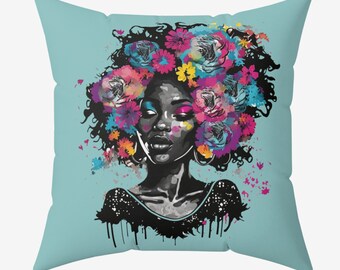 Black Woman Throw Pillow COVER, Beautiful Black Girl Decor, Afrocentric Soft Plush Pillow Case, Black Women Gift for African American Mom