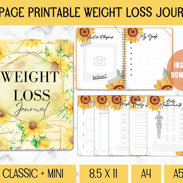 Yellow Weight Loss Tracker Planner,Printable Weight Loss Chart,Sunflower Weight Tracker,Fitness Workout Planner,Health & Wellness Meal Plan