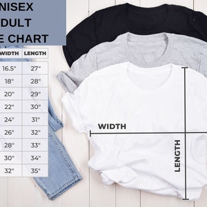 May include: Unisex adult t-shirt size chart with measurements in inches. The chart shows the width and length of the shirt for sizes XS to 5XL.