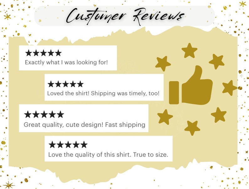 May include: Customer reviews for a product with five-star ratings. The reviews include comments like "Exactly what I was looking for!" and "Loved the shirt! Shipping was timely, too!"