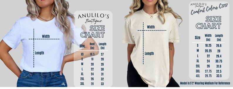 Puede incluir: Tabla de tallas para camisetas con medidas en pulgadas. La tabla muestra las medidas de busto, ancho y largo para las tallas XS a 3XL. La tabla tambi&eacute;n incluye el texto "Anulilo's Boutique" y "Comfort Colors CTM".