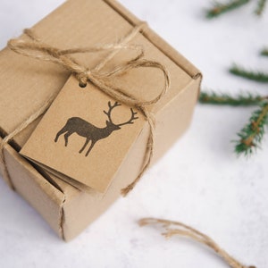 Etichette regalo renna su carta kraft, etichetta regalo di Natale stampata a mano, carta kraft riciclata Confezione da 5