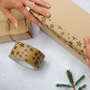 2 Pack Stars Eco-Friendly Packaging Tape, Brown Kraft Tape with Black Stars, 50m Long, Self Adhesive Recyclable Box Sealing Tape