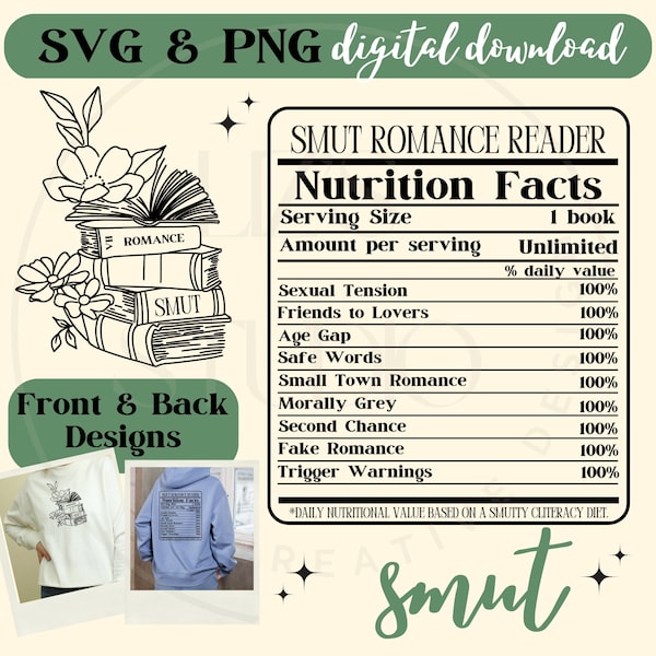 Smut Romance Reader SVG PNG Nutritional Facts Bookish Merch Booktok Cricut crafting smut T-shirt reading tee readers gift for smut lover