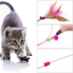 Cat Feather Wand Stick Cat Teaser Kitten Toy Dangle Bell Interactive Play Toys