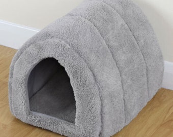 Soft Grey Pet Cat Kitten Puppy Fleece Igloo Bed Warm House Tunnel Snug Pod