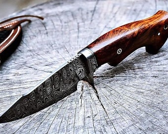 Damascus Knife handmade Premium Quality Hunting and Camping Tool with Walnut Wood Handle and Leather Sheath| Anniversary gifts  Gift for him