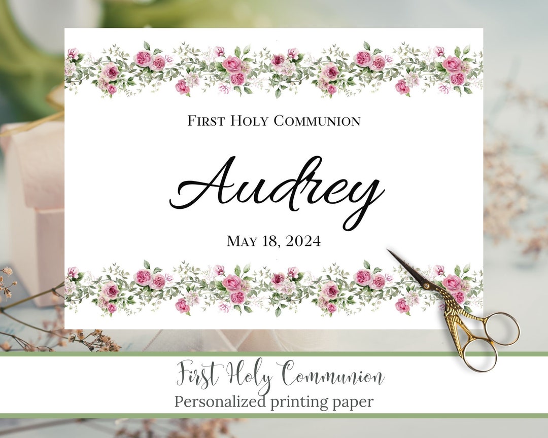 First Holy Communion Custom Paper,download A4 File,pink Roses Borders ...