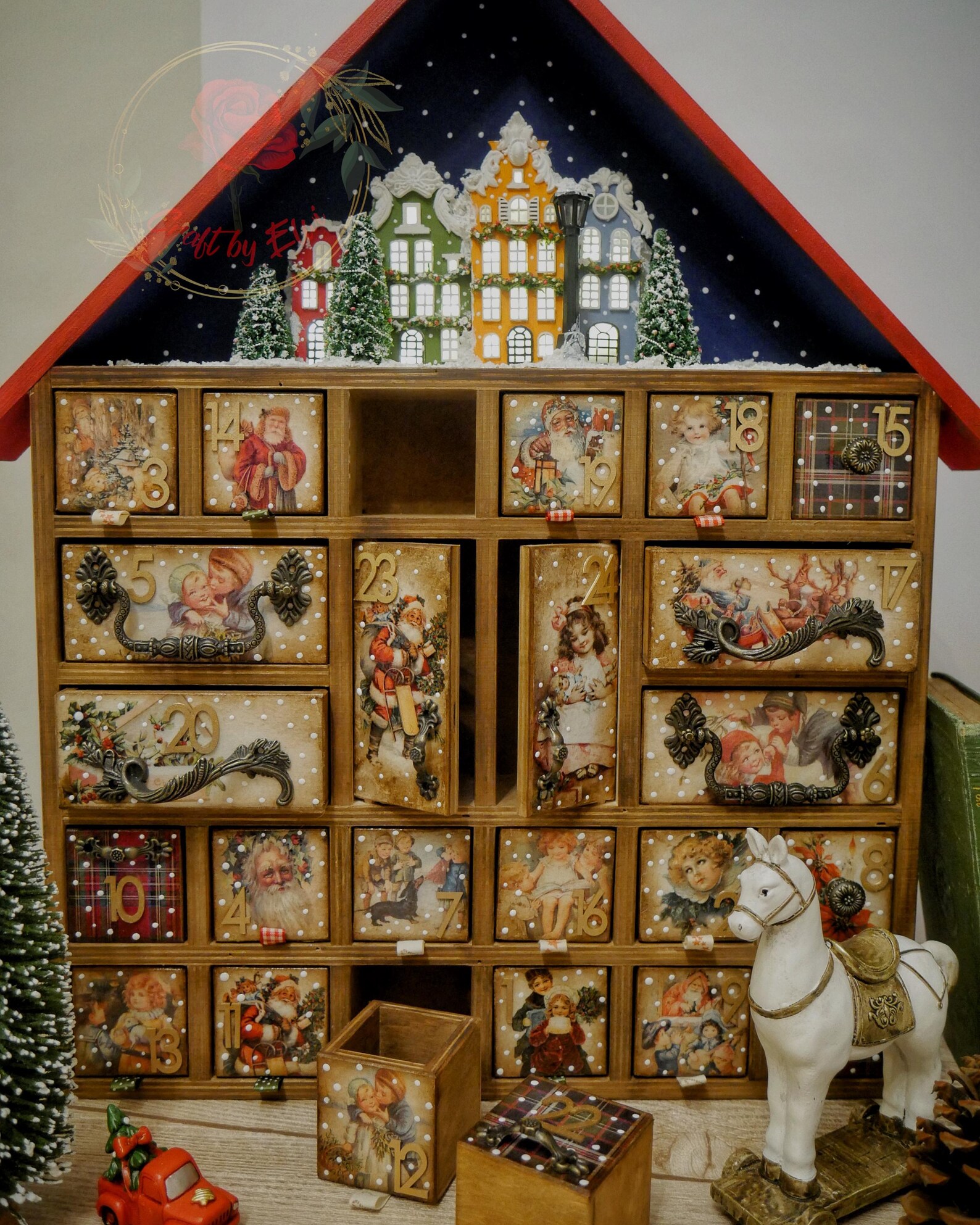 Advent Calendar House,wooden House With Drawers,christmas Countdown Red