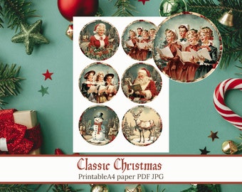 Christmas vintage decoupage paper,digital printable A4 sheet,DIY scrapbooking,junk journal,victorian style,medallion,round bauble PDF JPG 1