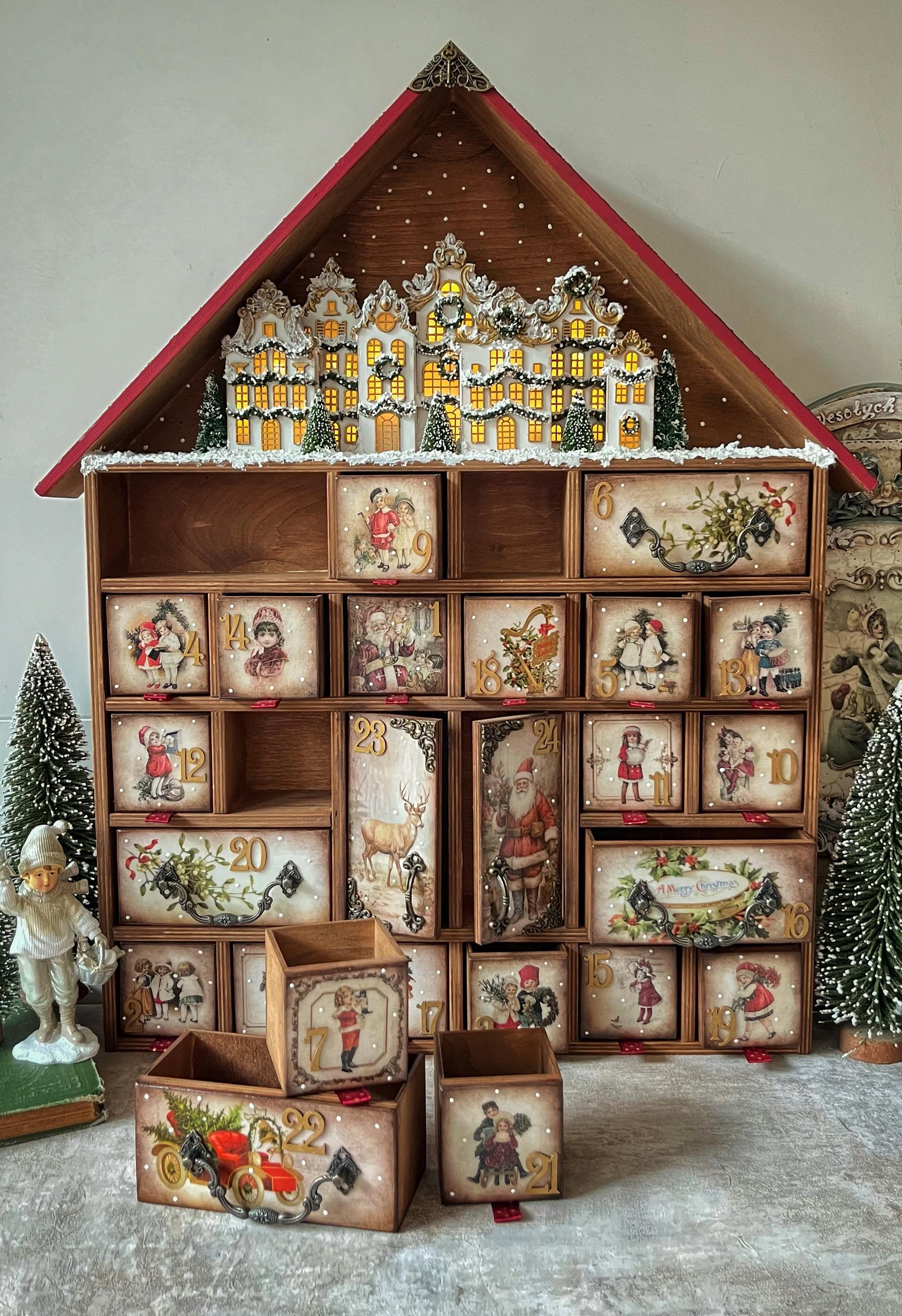 Advent Calendar House,wooden House With Drawers,christmas Countdown Red