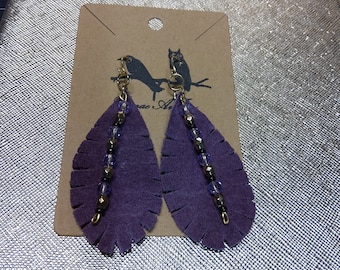 Leather Purple Feather Earrings