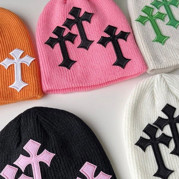 Y2K Cross Beanies Hat, Y2K Beanie, Streetwear Hat, Y2K Beanie Cap Hats, Y2K Women's Hat Beanie, Hip Hop Clothes,