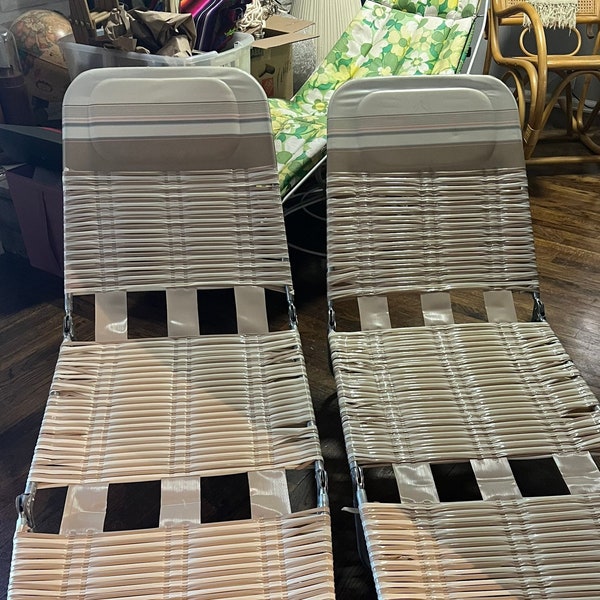 Set of 2- Vintage Vinyl Tube- Aluminum Folding & Reclining Lawn Chairs!!