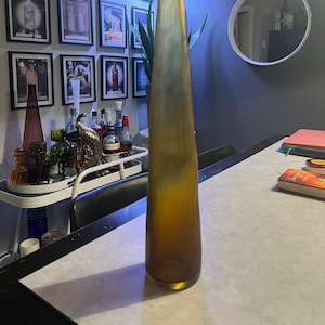 May include: A tall, slender, amber-colored glass vase with a tapered neck and a wide, circular base. The glass features a smooth, translucent finish that transitions from a deeper, saturated brown at the bottom to a lighter, golden hue at the top.