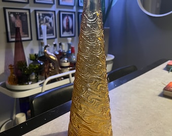 Empoli Genie Bottle Amber Glass Wave Bottle , Mid-Century Empoli, Made In Italy