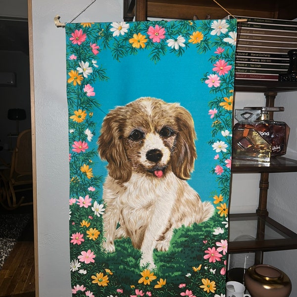 Vintage Fabric, Panel, Textile by Wesco-Reltex, Barkcloth 1960's Dog and Floral, MCM Textile