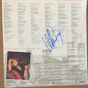Whitney Houston Autographed On Original LP Inner Sleeve Inc COA